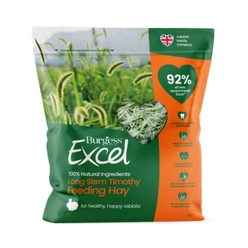 Burgess Excel Long Stem Timothy Hay bag on green grass, showcasing 100% natural ingredients and vet-recommended benefits for rabbits.
