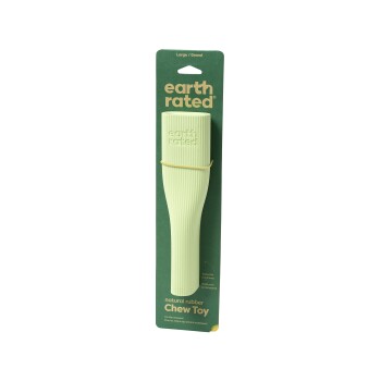 Jouet à mâcher en caoutchouc naturel dans un emballage vert clair, étiqueté "earth rated," conçu pour les chiens, taille grande.