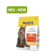 Katzenfutterverpackung mit der Aufschrift "MultiFit CARE ANTI-HAIRBALL", die eine flauschige Katze zeigt, mit einem grünen "NEU - NEW" Banner oben.