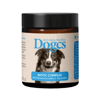 Dogcs Anti-Aging Nutrition Biotic Complex Glas mit Border-Collie-Etikett, das Flohsamenschalen und Topinambur enthält.