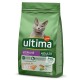 Sac vert de nourriture pour chats Ultima pour chats adultes stérilisés, présentant un chat gris sur le devant, avec "1-10 Ans/Jaar" et "SAUMON" en surbrillance.