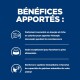 Fond bleu avec texte blanc intitulé "BÉNÉFICES APPORTÉS," énumérant les avantages : haute énergie, grand goût et soutien immunitaire.