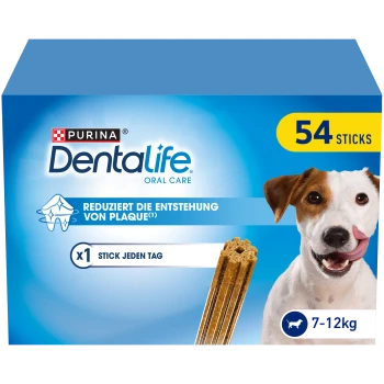 Friandises Purina Dentalife Oral Care pour chiens, 54 bâtonnets, réduisent la plaque, pour chiens de 7-12 kg, un bâtonnet par jour.