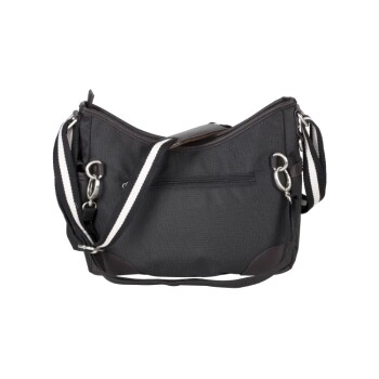 Schwarze Tragetasche für Haustiere mit einem Schultergurt, mit einem Reißverschluss oben und einer Fronttasche.