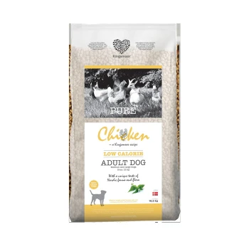 Tüte Kingsmoor Pure Chicken Hundefutter, beschriftet mit "Low Calorie Adult Dog", geeignet für mittelgroße und große Hunde, 10,5 kg.