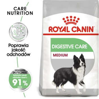 Torba karmy dla psów Royal Canin Digestive Care z ilustracją Border Collie, z tekstem podkreślającym poprawę jakości stolca i 91% skuteczności.