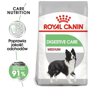 Torba karmy dla psów Royal Canin Digestive Care z ilustracją Border Collie, z tekstem podkreślającym poprawę jakości stolca i 91% skuteczności.