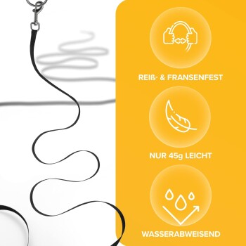 Schwarze Hundeleine, die wichtige Merkmale zeigt: reißfest, leicht (45g) und wasserabweisend.