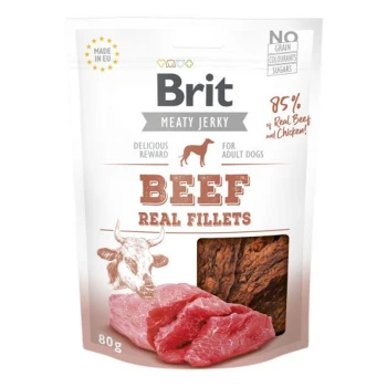 Brit Meaty Jerky dla dorosłych psów, z "Beef Real Fillets" z 85% prawdziwej wołowiny i kurczaka, opakowanie 80g, bez zbóż, barwników ani cukrów.