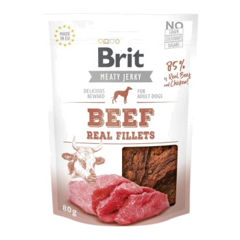 Brit Meaty Jerky dla dorosłych psów, z "Beef Real Fillets" z 85% prawdziwej wołowiny i kurczaka, opakowanie 80g, bez zbóż, barwników ani cukrów.