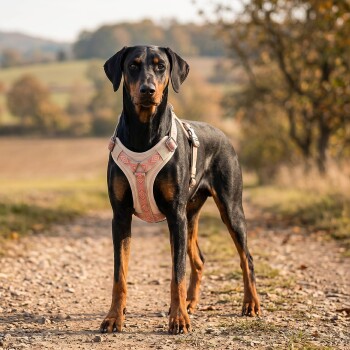 Schwarz-brauner Hund mit rosafarbenem, gemustertem Geschirr, steht auf einem Kiesweg mit sanft geschwungenen Feldern im Hintergrund.