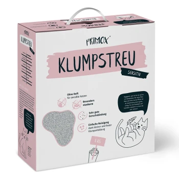 PRIMOX Streu Sensitiv 8kg Primox Klumpstreu Katzenstreu Verpackung, 8 kg, pink-weiße Gestaltung, hebt Vorteile hervor: "Kein Geruch", "Geruchskontrolle", "Einfache Reinigung."