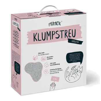 Primox Klumpstreu Katzenstreu Verpackung, 8 kg, pink-weiße Gestaltung, hebt Vorteile hervor: "Kein Geruch", "Geruchskontrolle", "Einfache Reinigung."