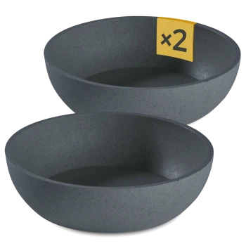 Zwei dunkelgraue Futterschalen übereinander gestapelt, mit einem gelben Etikett, das "x2" anzeigt, was auf ein Set von zwei hinweist.