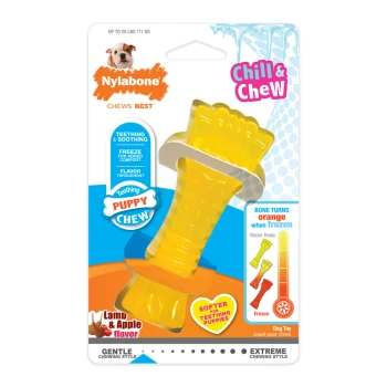Nylabone Chill & Chew dog toy for teething puppies, yellow bone shape, labeled with "Lamb & Apple flavor," and instructions to freeze for comfort.
