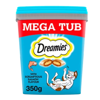 Dreamies Mega Tub cat treats, 350g, featuring a playful cat and a fish graphic, with text stating "with scrumptious salmon flavour."