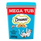 Dreamies Mega Tub cat treats, 350g, featuring a playful cat and a fish graphic, with text stating "with scrumptious salmon flavour."