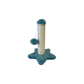 Teal plush cat scratching post with sisal-wrapped vertical post, star-shaped base and dangling pompom toy.