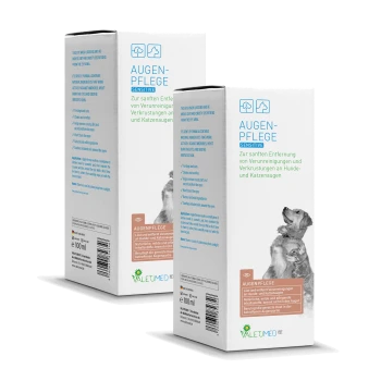 Verpackung für die Augenpflege-Lösung "Augenpflege Sensitive" für Hunde und Katzen, mit einem Hund auf der Vorderseite und Produktdetails in deutscher Sprache.