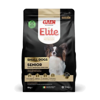 Gain Elite Complete Dog Nutrition for small senior dogs, 6kg bag featuring a Papillon dog on the front, with key benefits listed.