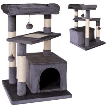 Grauer Katzenbaum mit zwei Plattformen, einem gemütlichen Versteck und hängenden Pompons zum Spielen. Ideal zum Klettern und Kratzen.