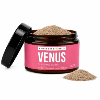 Verpackung des Haustierergänzungsmittels "Venus Balance Pulver", das harmonisches Verhalten bei Haustieren fördert, 100 Gramm, hergestellt in Deutschland.