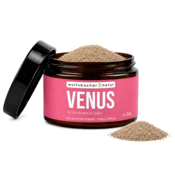 Verpackung des Haustierergänzungsmittels "Venus Balance Pulver", das harmonisches Verhalten bei Haustieren fördert, 100 Gramm, hergestellt in Deutschland.
