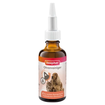 Flasche Beaphar Ohrenreiniger für Haustiere, beschriftet "Ohrenreiniger", entwickelt für die sanfte Reinigung empfindlicher Ohrbereiche.