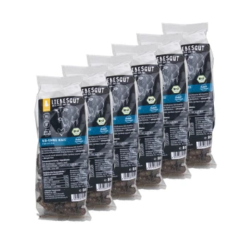 Sechs Beutel Liebesgut BIO-Rinder Minis Katzensnacks in Klarsichtverpackung mit schwarzen Etiketten und BIO-Siegel