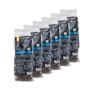 Sechs Beutel Liebesgut BIO-Rinder Minis Katzensnacks in Klarsichtverpackung mit schwarzen Etiketten und BIO-Siegel