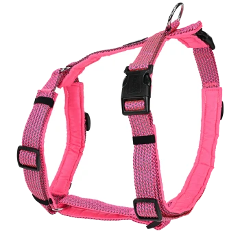 Rosa Haustiergeschirr mit verstellbaren Riemen und einem Metall-D-Ring zur Leinenbefestigung, entworfen für Komfort und Sicherheit.
