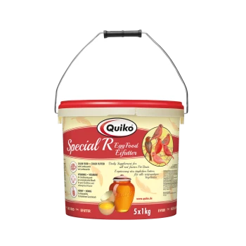 Quiko Special R Eifutter für Haustiervögel, 5 kg Eimer mit bunten Vogelillustrationen, Honigglas-Grafik und Nährwertangaben.