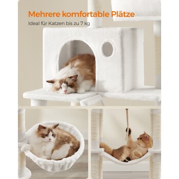 Katzenbaum mit mehreren bequemen Plätzen für Katzen bis zu 7 kg, mit einem gemütlichen Versteck, einer Hängematte und einem hängenden Spielzeug.