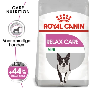 Royal Canin Relax Care Mini hondenvoedselzak, met een rennende hond, met tekst die zegt 'Voor onrustige honden' en '+44% normaal gedrag.'