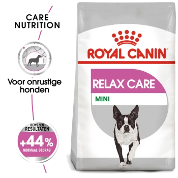 Royal Canin Relax Care Mini hondenvoedselzak, met een rennende hond, met tekst die zegt 'Voor onrustige honden' en '+44% normaal gedrag.'