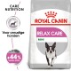 Royal Canin Relax Care Mini hondenvoedselzak, met een rennende hond, met tekst die zegt 'Voor onrustige honden' en '+44% normaal gedrag.'