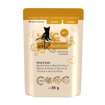 Katzenfutterverpackung mit "Catz Finefood" für Kätzchen, Geschmacksrichtung "Rind & Kalb", 85g, getreidefrei, ohne Zuckerzusatz, hergestellt in Deutschland.
