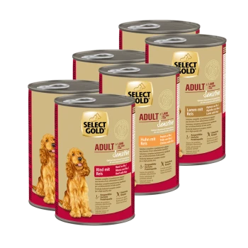 Dosen Select Gold Adult Sensitive Hundefutter mit Rind, Huhn und Lamm mit Reis, mit Abbildung eines Golden Retrievers.