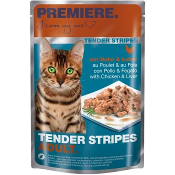 Katzenfutterbeutel mit einer Bengal-Katze mit grünen Augen, beschriftet mit "Premiere. I love my cat♡" und "Tender Stripes Adult" mit Huhn und Leber.
