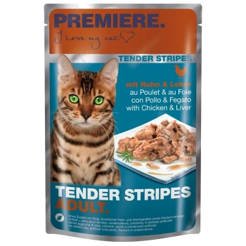 Kattenvoer zakje met een Bengaalse kat met groene ogen, gelabeld 'Premiere. I love my cat♡' en 'Tender Stripes Adult' met kip en lever.