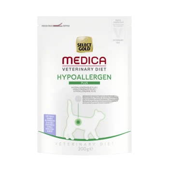 Emballage de nourriture pour chats Select Gold Medica Veterinary Diet Hypoallergen Plus, avec un fond blanc, des accents verts et une silhouette de chat.