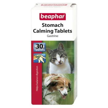 Beaphar Stomach Calming Tablets packaging featuring a cat and a dog, with text stating "30 Tablets" and "Helps balance digestion."