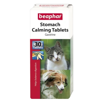Beaphar Stomach Calming Tablets packaging featuring a cat and a dog, with text stating "30 Tablets" and "Helps balance digestion."