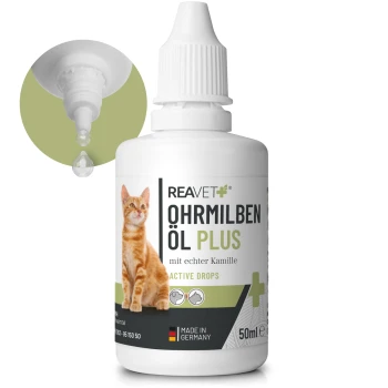 Flasche REAVET Ohrmilben Öl Plus für Katzen, mit einem Etikett für eine rote Katze und Tropfer, gekennzeichnet mit 'Aktive Tropfen' und 'Hergestellt in Deutschland.'