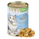 Dosenfutter für Katzen mit der Aufschrift "Mia's 100% Lachs" und einem Bild einer Katze, mit Text über 100% natürliche und fischbasierte Zutaten.
