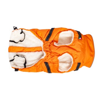Orangenes Hundejackett mit weichem weißen Futter, mit verstellbaren Riemen und Öffnungen für die Beine.