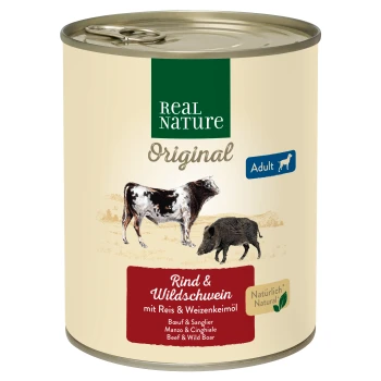 Dose Real Nature Original-Hundefutter für Erwachsene, mit Rind und Wildschwein mit Reis und Weizenkeimöl, illustriert mit einer Kuh und einem Wildschwein.