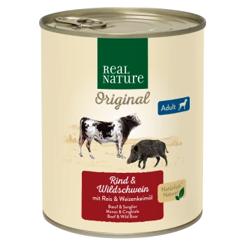 Can of Real Nature Original dog food for adults, featuring beef and wild boar with rice and wheat germ oil, illustrated with a cow and wild boar.