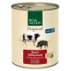 Dose Real Nature Original-Hundefutter für Erwachsene, mit Rind und Wildschwein mit Reis und Weizenkeimöl, illustriert mit einer Kuh und einem Wildschwein.
