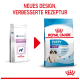 Zwei Hundefutterbeutel: links "Pediatric Puppy Giant," rechts "Royal Canin Puppy 2-8 Monate." Text darüber: "NEUES DESIGN, VERBESSERTE REZEPTUR."